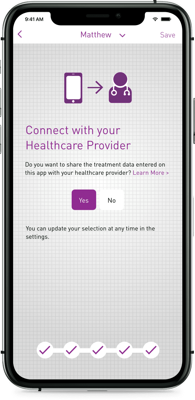 Smartphone showing myPKFiT® app 'sharing data with your doctor' option.