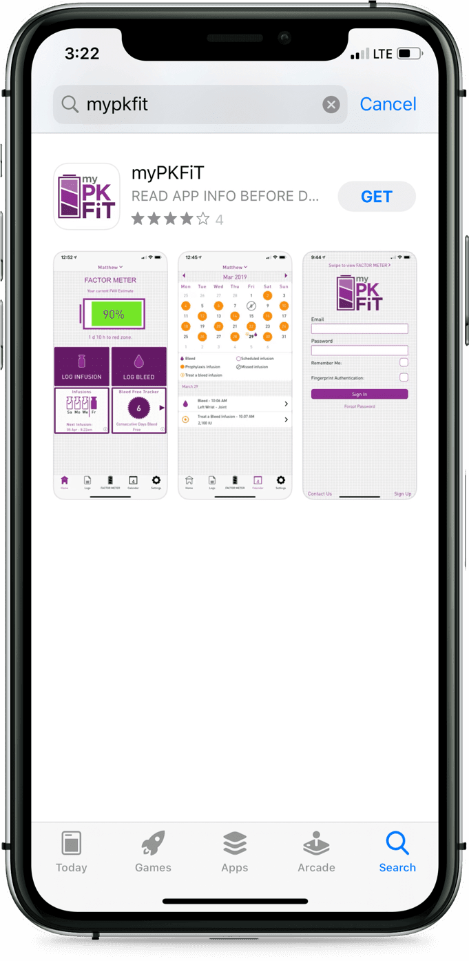 Smartphone showing myPKFiT® app in the App Store.